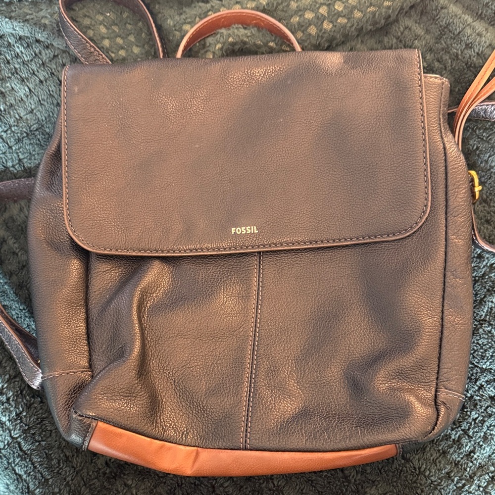 Fossil Dark Brown Leather Backpack with Tan Accent